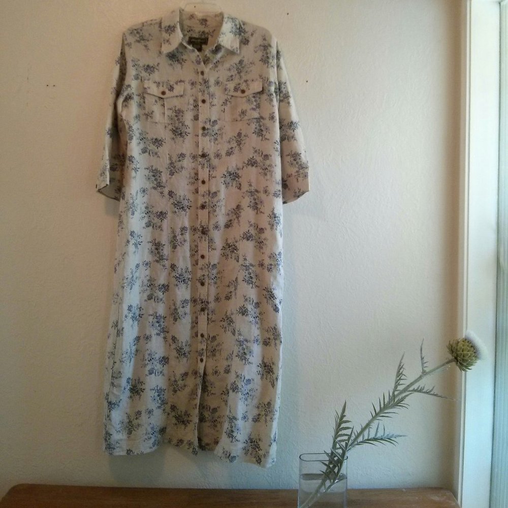 Like New Floral 100% Linen Maxi Shirt Dress/Duster Size L Petite Cottagecore